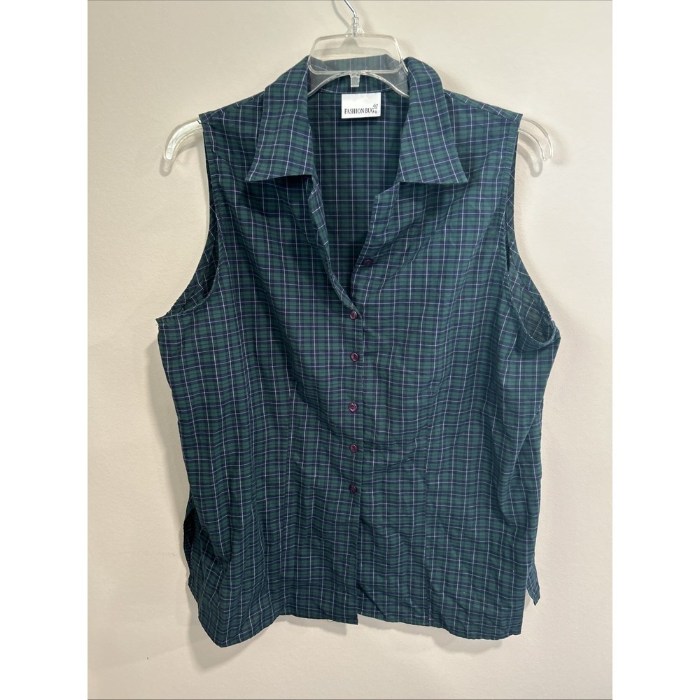 Fashion Bug Vintage Navy Green Button Blouse Sleeveless 2X